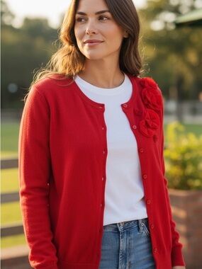 Christopher & Banks Cardigan Button Down Floral Applique Detail Modern Milf SZ M